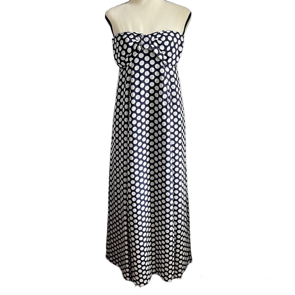 Silk J. Crew strapless maxi dress, navy blue with white dots, sz 0